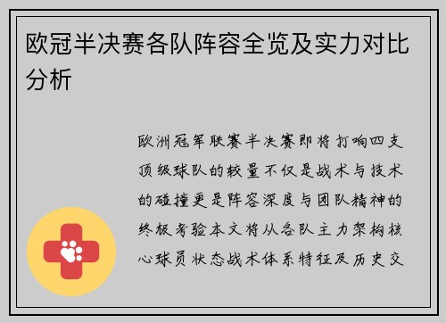 欧冠半决赛各队阵容全览及实力对比分析