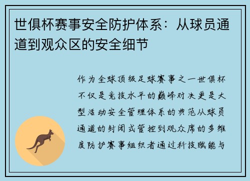 世俱杯赛事安全防护体系：从球员通道到观众区的安全细节