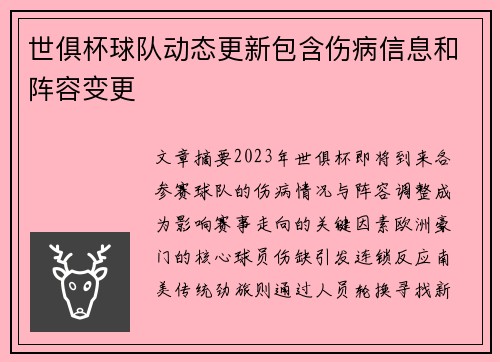 世俱杯球队动态更新包含伤病信息和阵容变更